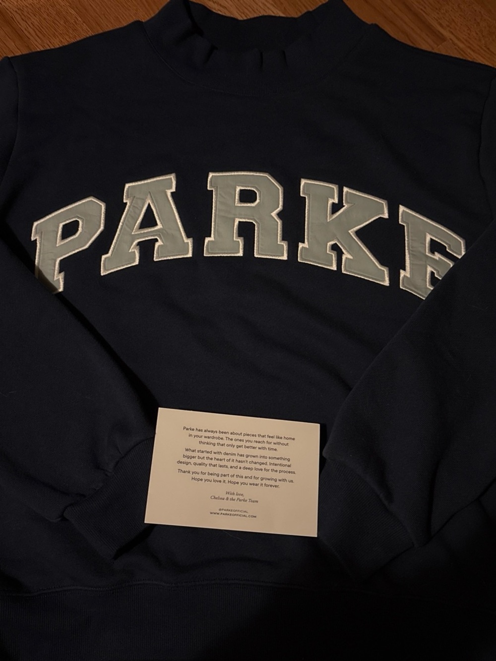 Parke Women's Navy Crewneck Sweatshirt with White Lettering - Picture 2 of 4